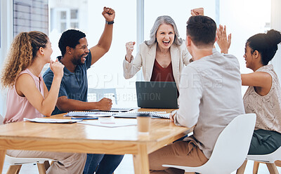 Buy stock photo Business people celebration meeting goal, target and success while cheering during a meeting in a office. Advertising and marketing team happy about company profit and bonus salary from project 