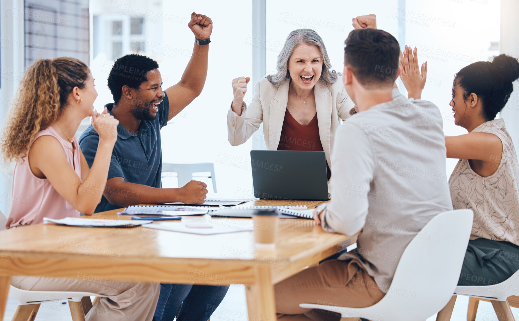 Buy stock photo Business people celebration meeting goal, target and success while cheering during a meeting in a office. Advertising and marketing team happy about company profit and bonus salary from project 