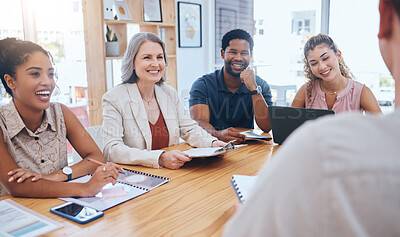 Buy stock photo Business people in interview meeting with employee, talking with consultant and networking with international client in office at work. Support, teamwork and happy corporate staff in partnership