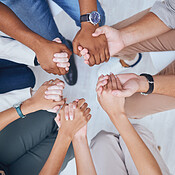 Support, prayer and trust with hands of people praying in spiritual ...