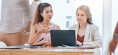 Buy stock photo Teamwork, mentor and coaching with a leader, manager or boss talking to a business woman and working on a laptop at work. Collaboration, learning and planning with a senior supervisor and employee