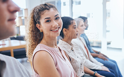 Buy stock photo Training, team and woman in a happy business meeting with a smile sitting in a conference or workshop convention for coaching. Portrait of a female employee smiling in an audience at a group seminar.