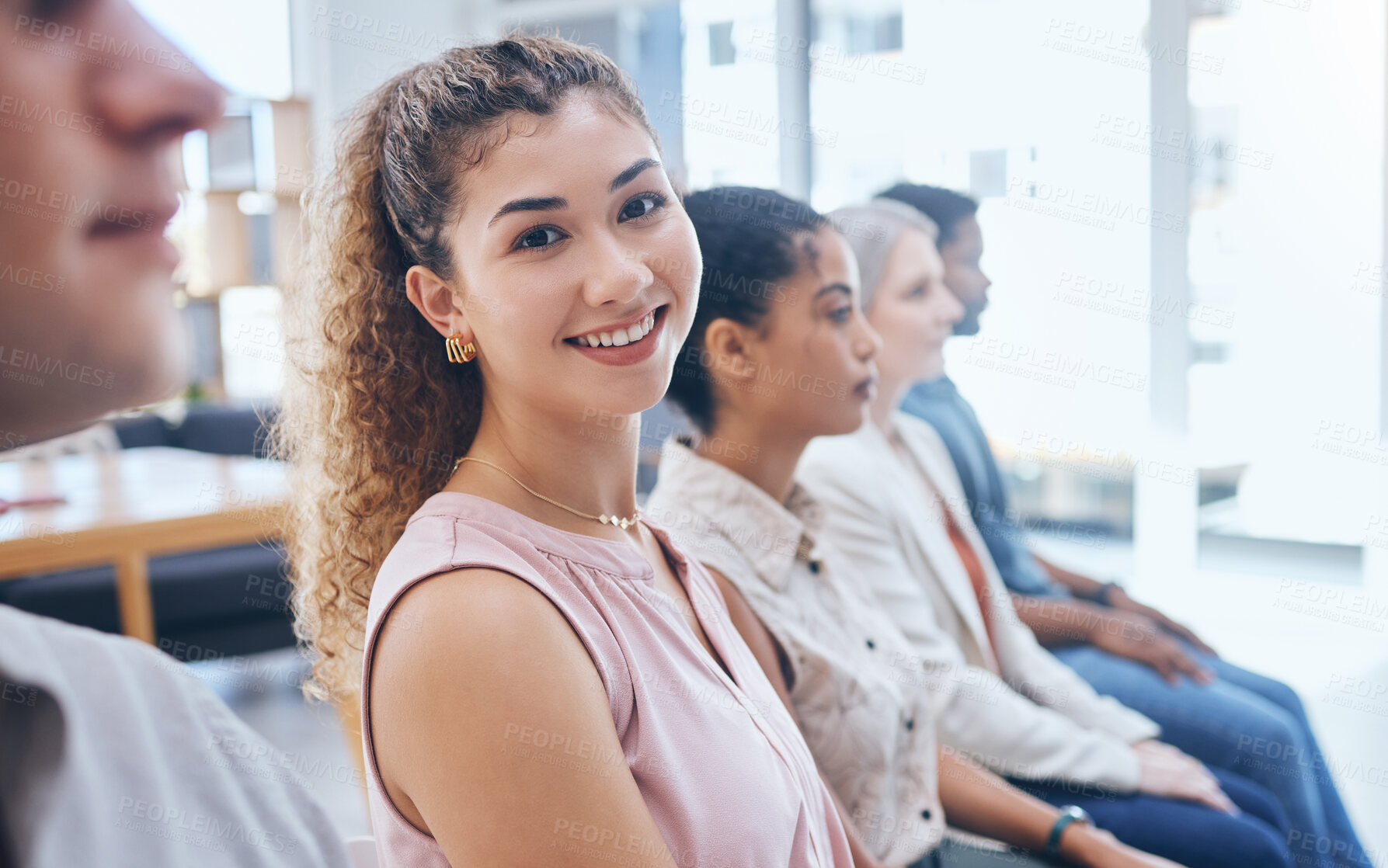 Buy stock photo Training, team and woman in a happy business meeting with a smile sitting in a conference or workshop convention for coaching. Portrait of a female employee smiling in an audience at a group seminar.