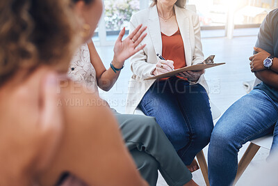 Psychologist therapy group support, writing notes stress anxiety and empathy listening to patient speaking. Mental health grief counseling, psychology mind wellness and therapist communication help