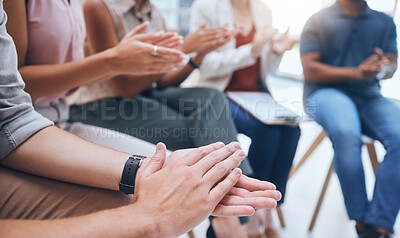 Buy stock photo Hand clap, audience row and corporate workshop at tradeshow or seminar pitch with coworkers. Gratitude, thank you or friendly welcome gesture from crowd at business meeting with applause.