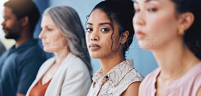 Buy stock photo Training, learning and education with a business woman looking serious and sitting in a conference or workshop for coaching. Portrait of a female employee in an audience for a development seminar 