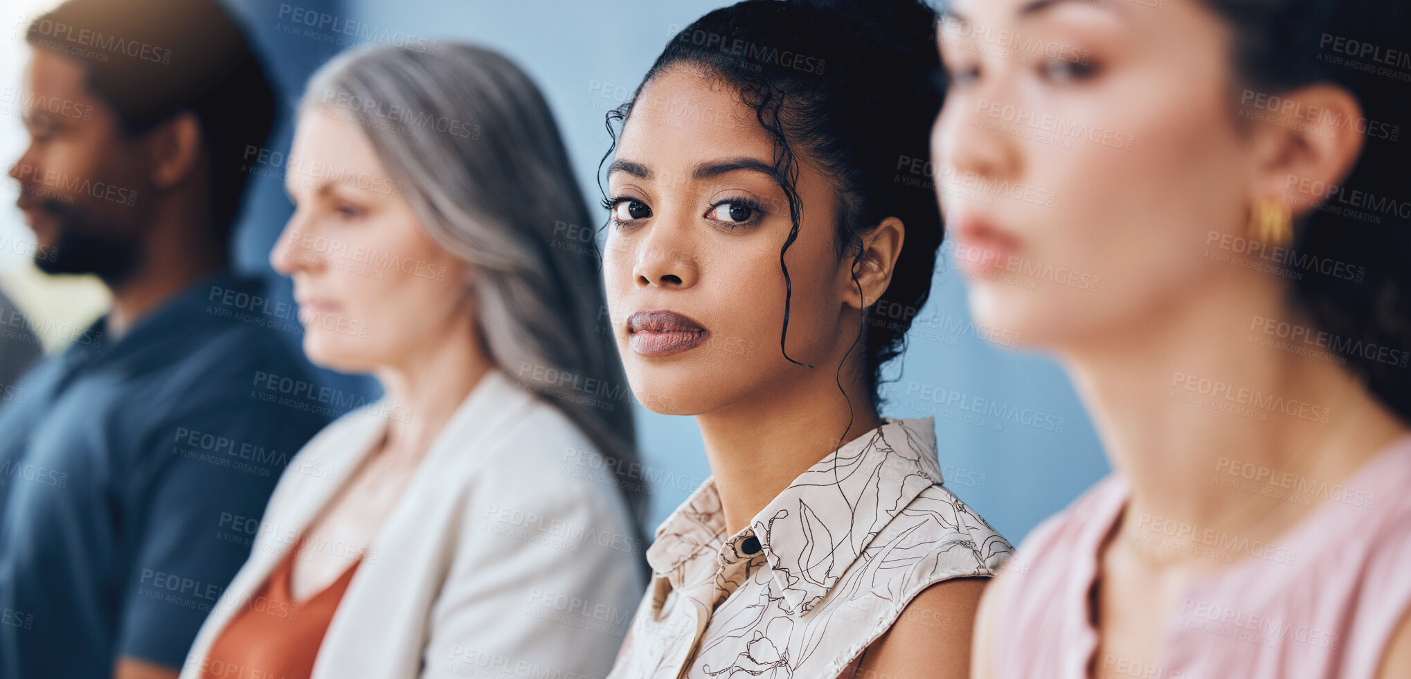 Buy stock photo Training, learning and education with a business woman looking serious and sitting in a conference or workshop for coaching. Portrait of a female employee in an audience for a development seminar 