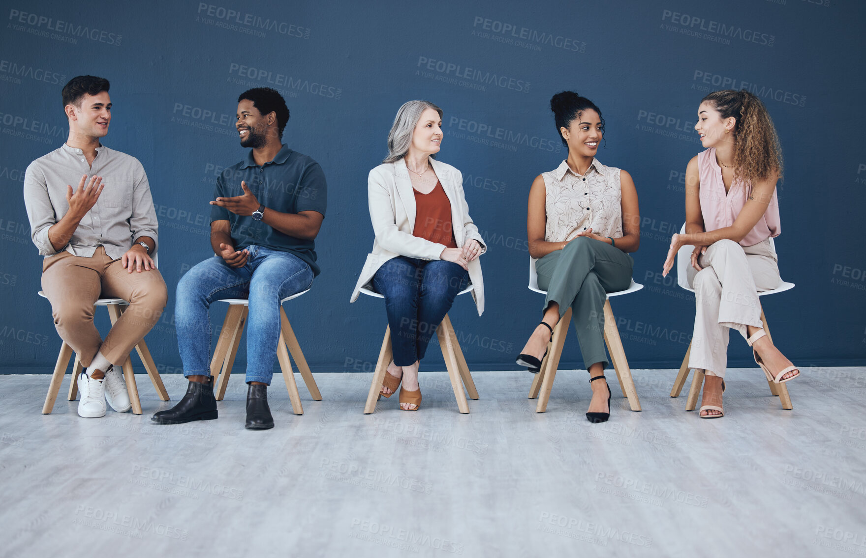 Buy stock photo Diversity, business people and recruitment chair row in lobby for onboarding of workforce. Communication, cooperation and waiting room for professional corporate company interview meeting. 
