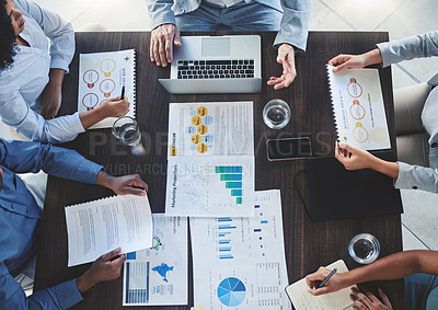 Buy stock photo Team, branding and digital marketing business people in a meeting on sales growth chart, advertising and project goals. Teamwork, collaboration and workers in group conversation on strategy top view