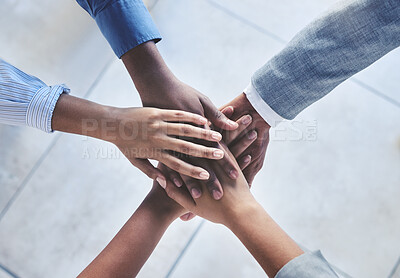 Buy stock photo Diversity, partnership and global hands stack of men and women in a company. Team building, support and business people in collaboration using teamwork to set, mission, vision and sale goals top view