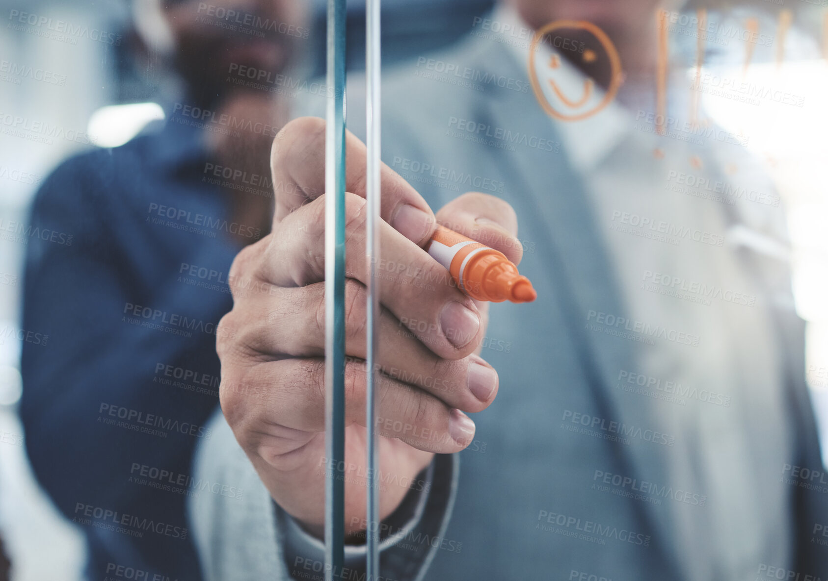 Buy stock photo Project manager hand planning a strategy or writing notes on a glass. Businessman brainstorming and thinking of ideas in his presentation. Corporate male entrepreneur being innovative in an office