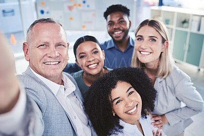 Buy stock photo Diversity, selfie and office team friends together in workplace pose for friendly photograph. Unity, happiness and trust of multiracial staff people in corporate business company relationship.