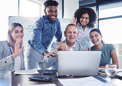 Buy stock photo Business people waving, video conference call and laptop meeting for global webinar, online communication and virtual planning. Happy internet consulting, technology team and diversity collaboration