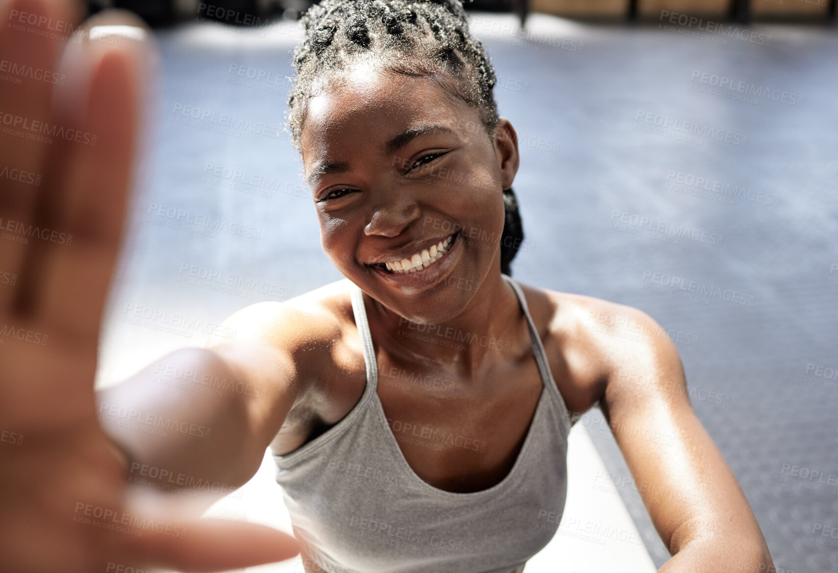 Buy stock photo Fitness, happy and black woman taking a selfie in the gym after training, exercise and workout alone. Smile, healthy and young African woman influencer, wellness and active lifestyle on social media