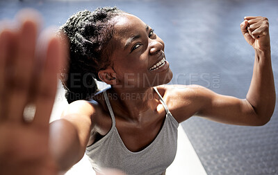 Buy stock photo Fitness motivation, strong muscle and workout woman from Jamaica happy after a gym exercise. Selfie of a athlete with a smile before training, boxing and sports wellness exercise with a fist