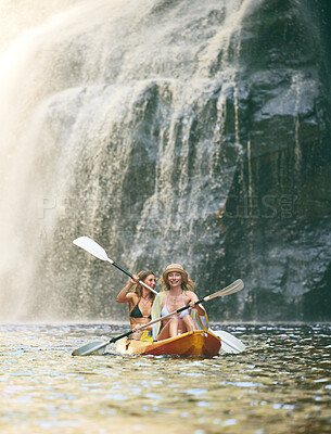 Kayak summer and friends on river nature and vacation adventure