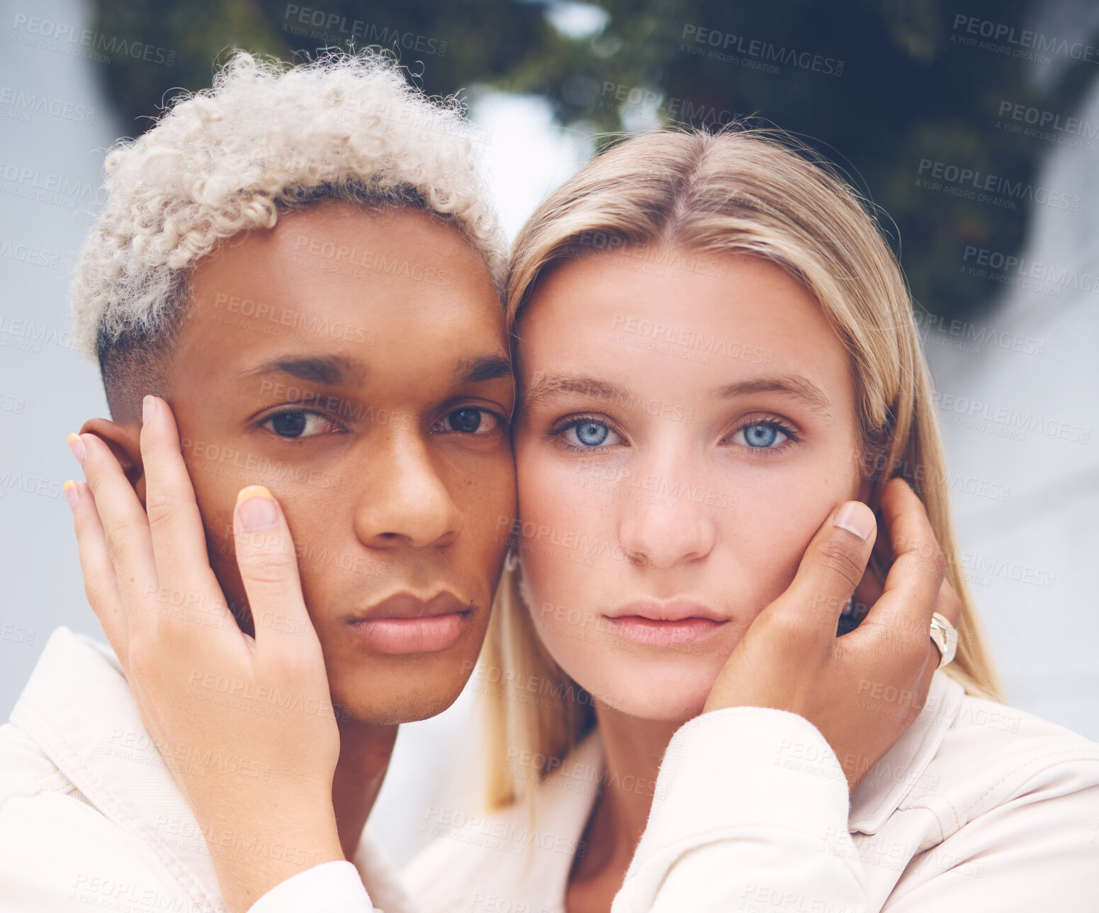 Buy stock photo Love, interracial couple and portrait hug with young African man and white woman together. Romantic, attractive and caring multiracial people embracing each other in diverse relationship.