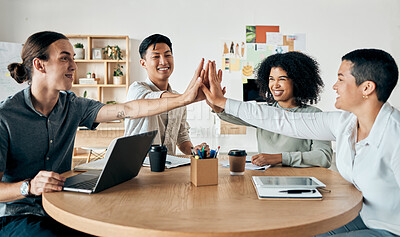 Buy stock photo High five for corporate motivation in strategy meeting, support in collaboration of hands during marketing planning discussion and celebration of startup company. Employees with smile for teamwork
