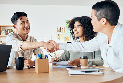 Buy stock photo Handshake, global partnership and office deal in business meeting with man and women for diversity support, trust or crm. Smile, happy and success creative teamwork in b2b collaboration in strategy
