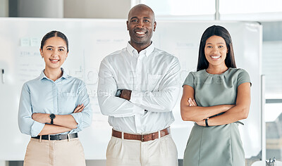 Buy stock photo Team, leadership and diversity with portrait of business people standing with arms crossed in office. Women and black man leader working together for collaboration, innovation and mission for success