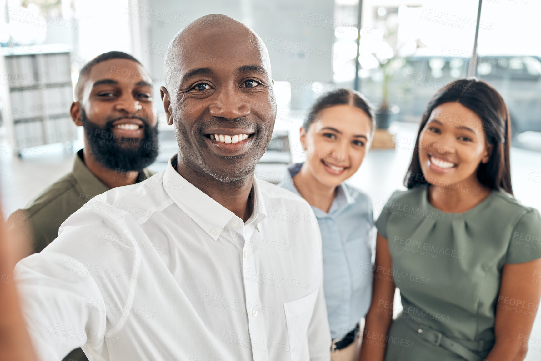 Buy stock photo Group selfie at office, working employees smile and corporate teamwork. Company diversity, business people collaboration and happy staff. Professional workplace, together career and community success