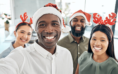 Buy stock photo Office team selfie, Christmas party and celebration with a smile. Diversity, hard workers and happy business people celebrating together after success, good finance or financial year at the company.
