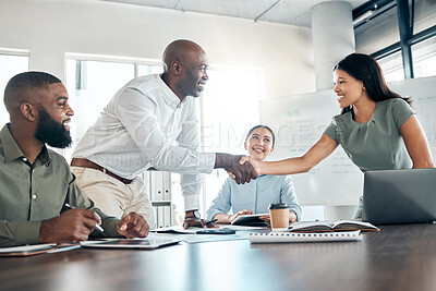 Buy stock photo Handshake, office diversity and meeting welcome for company onboarding or partnership together. Introduction, agreement and negotiation with workforce people in corporate company boardroom.