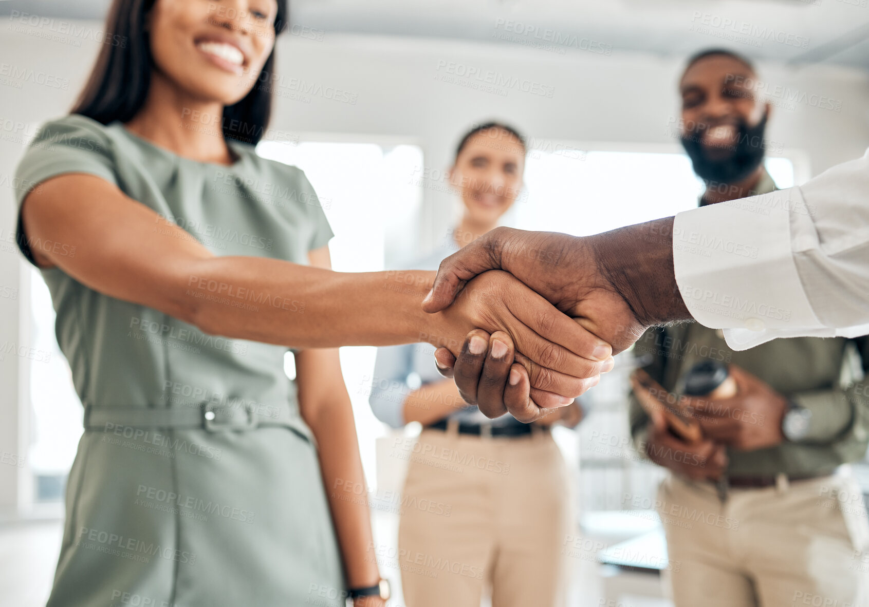 Buy stock photo Handshake, teamwork and collaboration with the hands of business people in agreement, deal or thank you in an office at work. Meeting, partnership and welcome with an employee and partner at work