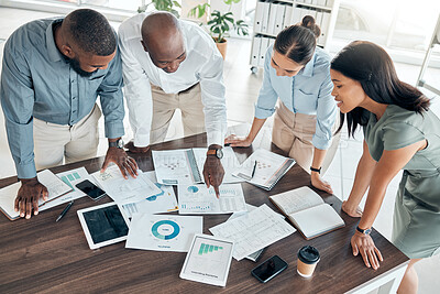 Buy stock photo Business people, analytics and collaboration meeting in planning at the office with graphs, charts or documents. Diverse team or group in analysis checking paperwork of company statistics in teamwork
