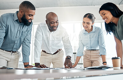 Buy stock photo Business people teamwork, paperwork planning and company meeting of diversity collaboration, data research and reports in agency. Smile employees, happy growth strategy and sales budget management