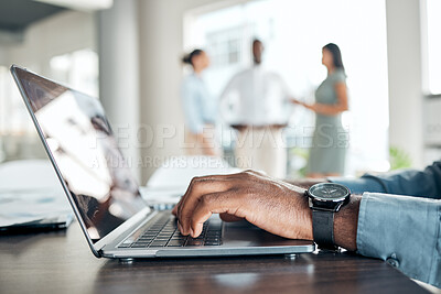 Buy stock photo Hands typing, research and working business man on a work laptop busy with marketing data. Online planning, digital web search and internet browsing black male marketer writing email indoors on tech.