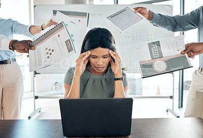Buy stock photo Stress, time management and paperwork of a business woman with laptop, folder and company deadline at office job. Headache, burnout and hands with marketing administration report and KPI document