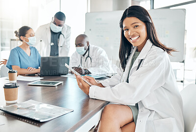 Buy stock photo Healthcare, diversity and black woman doctor with tablet at  meeting with team of doctors. Success, communication and collaboration, proud female medical worker and leader  in the field of medicine.