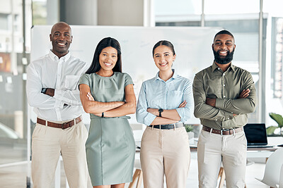 Buy stock photo Business teamwork, office diversity and team collaboration of happy marketing group. Portrait of corporate advertising staff together with workforce community and support ready to work on a project 