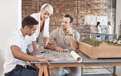 Buy stock photo Architect, builder and engineer meeting and working as a team in an office with a blueprint and planning in the construction industry. Teamwork and collaboration on a building design or project