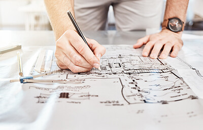 Buy stock photo Drawing construction on blueprint, planning architecture design on paper and writing notes on building documents on table in work office. Designer, architect and builder with strategy for renovation