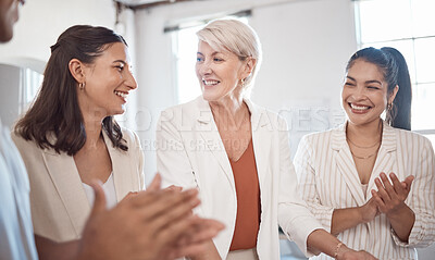 Buy stock photo Team success, collaboration and teamwork of a office work group celebration of project completion. Diversity of professional business woman with a happy smile about staff support clapping together 