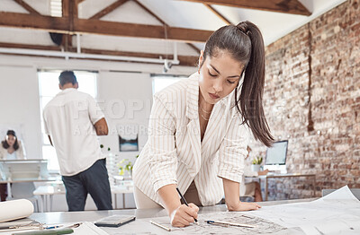 Buy stock photo Architecture, young woman and designer planning building blueprint, construction project and property development in startup agency. Engineering work, industrial creative and focus floor plan expert