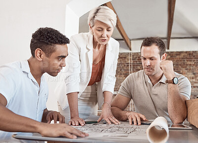Buy stock photo Architect team, blueprint and collaboration in meeting for architecture design, document or plan at the office. Business people in teamwork, strategy and project paper planning for architectural work