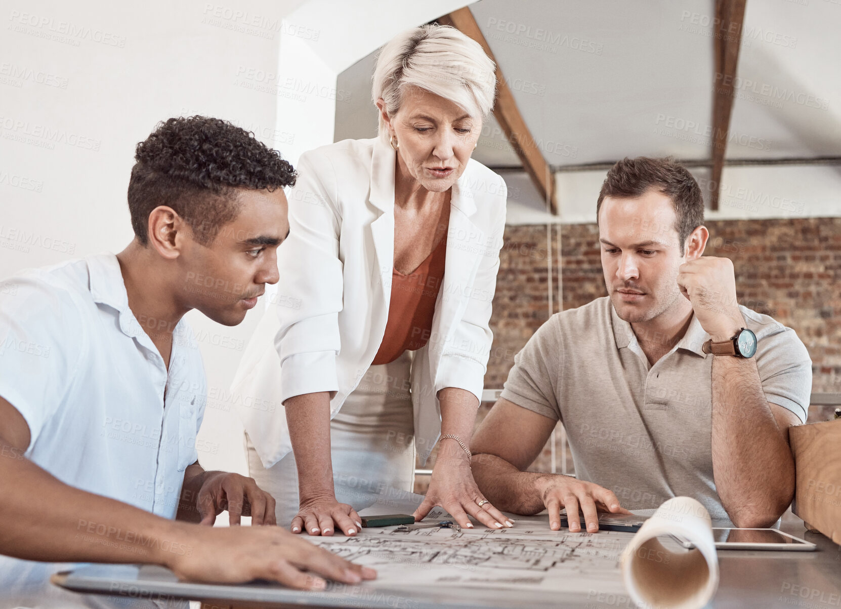 Buy stock photo Architect team, blueprint and collaboration in meeting for architecture design, document or plan at the office. Business people in teamwork, strategy and project paper planning for architectural work