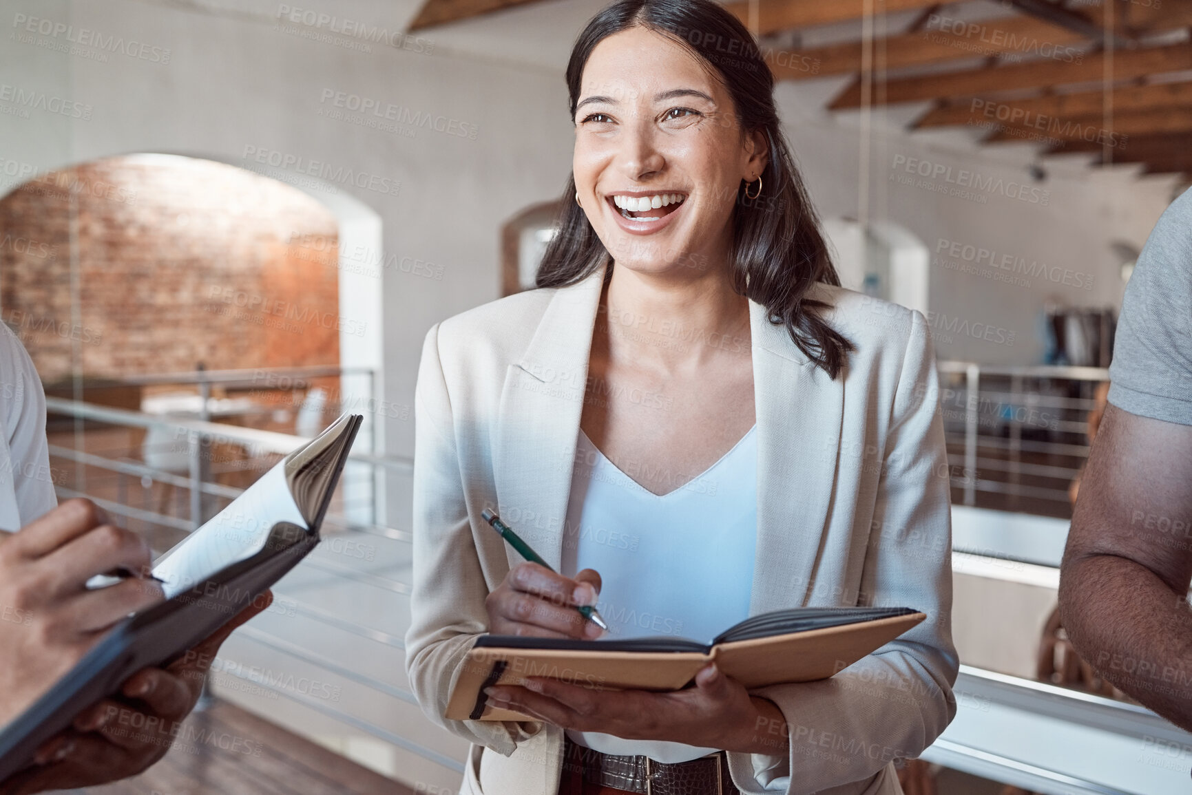 Buy stock photo Business woman writing in notebook during meeting, happy about partnership for advertising project and planning company strategy for marketing agency. Happy, smile and corporate employee in teamwork