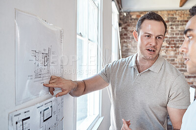 Buy stock photo Architecture building presentation drawing, man show client blueprint design on office wall. Customer listening to architect floor plan, creative industry job and professional project advice work