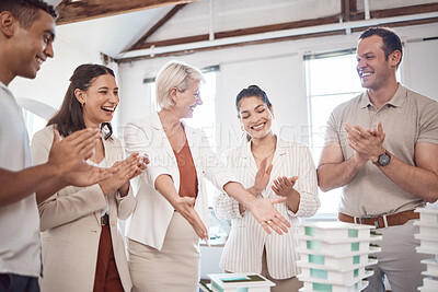 Buy stock photo Celebration, applause and reveal architect with 3d model design for new building project, architecture and business growth development. People, manager and team celebrate success goal for our vision