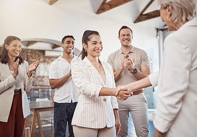 Buy stock photo Handshake, success deal and teamwork training for office collaboration support, partnership trust or b2b crm. Diversity, smile or happy business people clapping for goal, target or success in meeting