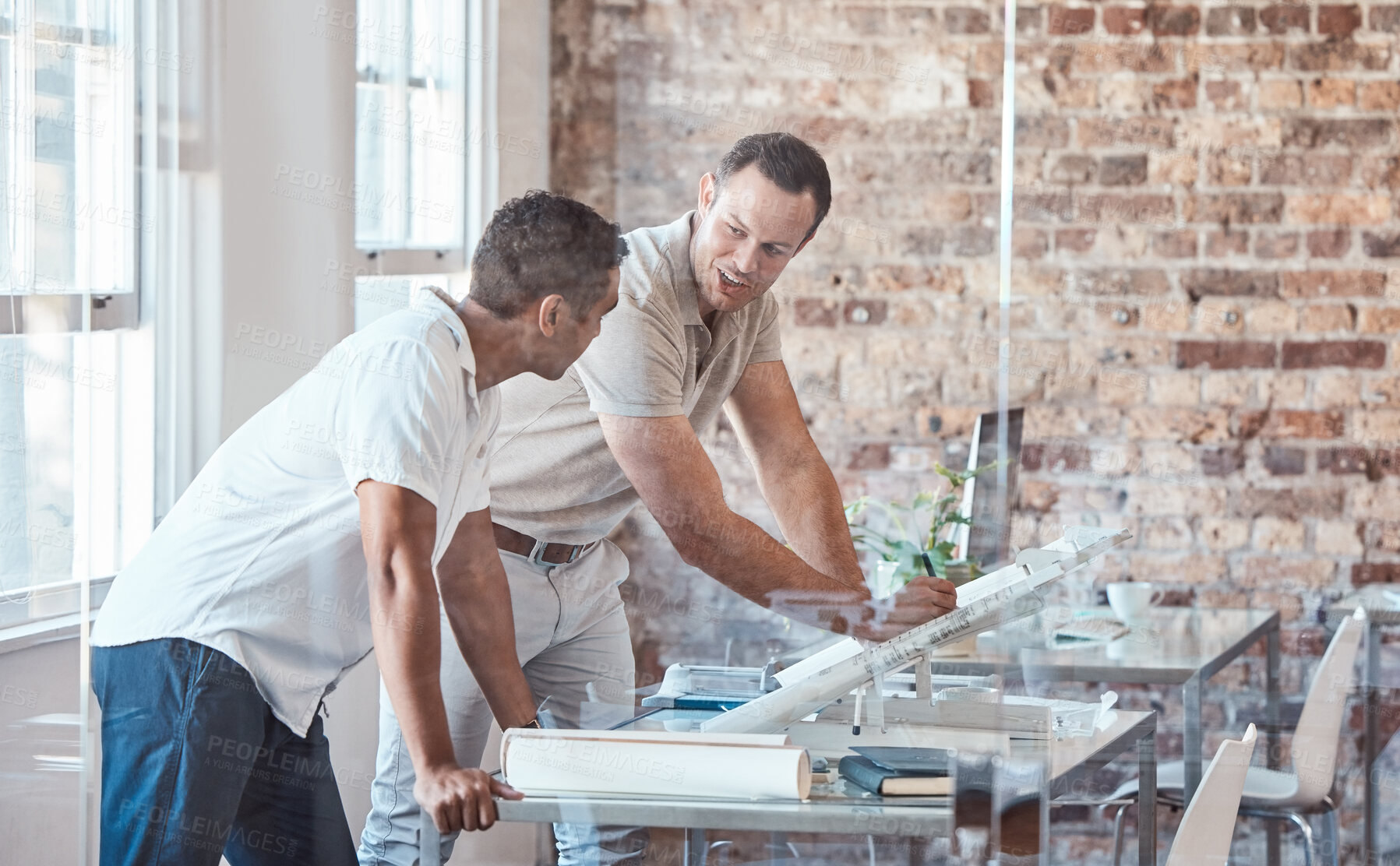 Buy stock photo Blueprint planning of architecture business men or engineering manager and worker working. Architect, engineer and development workers in a office busy with teamwork building strategy collaboration 