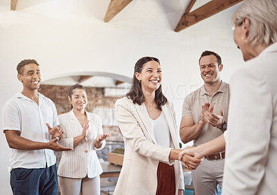Buy stock photo Business handshake with clapping workers in the work office. Professional company b2b shaking hands for a deal to come and work together. Diverse group of happy staff thank you and welcome employee