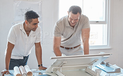 Buy stock photo Architecture, project management and building planning in design studio workshop with engineer business people. Architect, collaboration and designer working on construction site blueprint