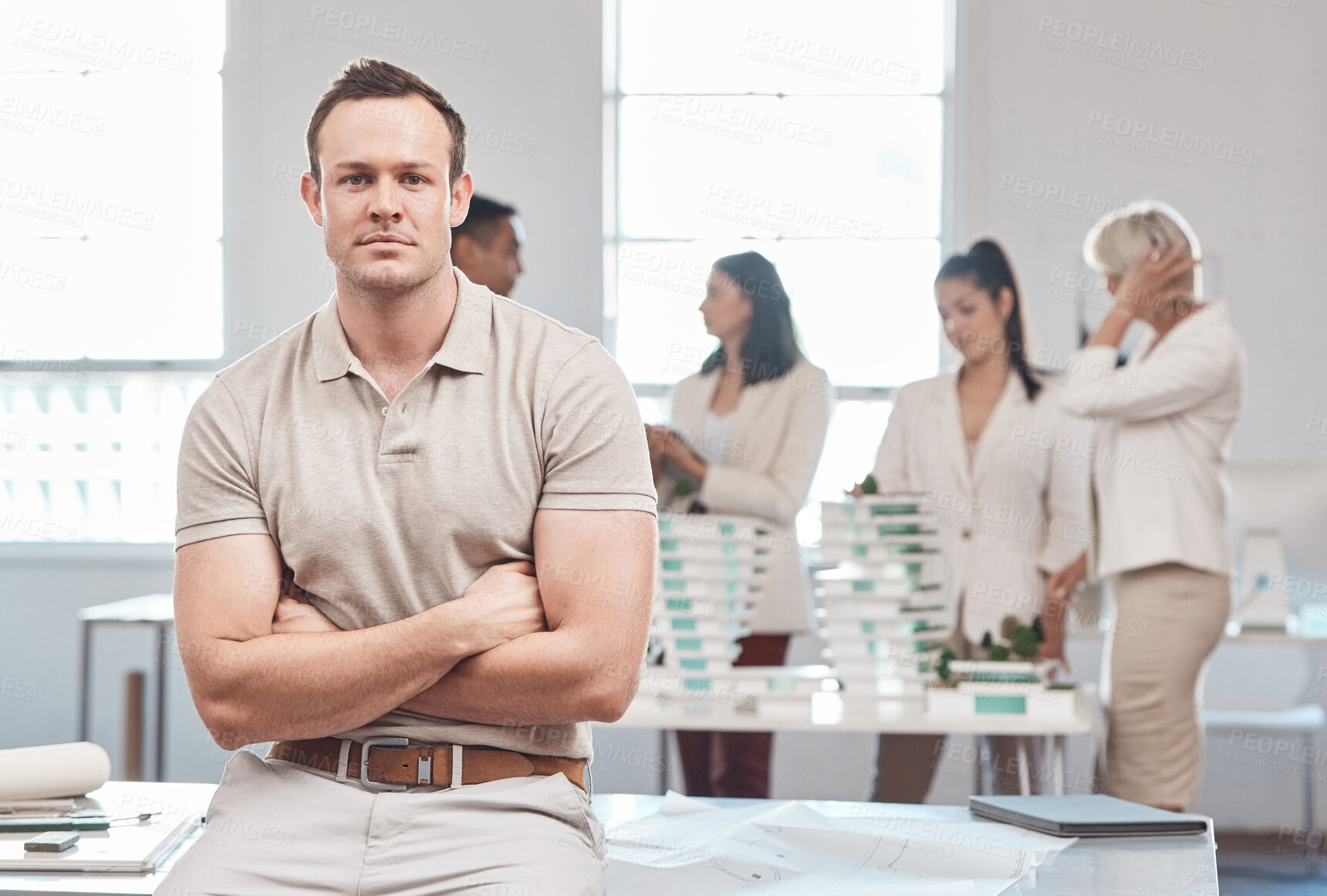 Buy stock photo Portrait of corporate manager, business man and architect in team meeting, seminar and training workshop in work office. Leader in management with arms crossed at startup company collaboration