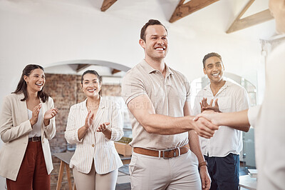 Buy stock photo Collaboration business people handshake for partnership agreement, promotion or company innovation, success and teamwork with group applause. Boss man shaking hands for welcome, deal or thank you
