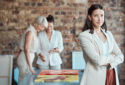 Buy stock photo Leadership, manager and portrait of business woman in a meeting for a art exhibition in a creative office. Confident team leader or boss with arms crossed and a goal for vision and mission success